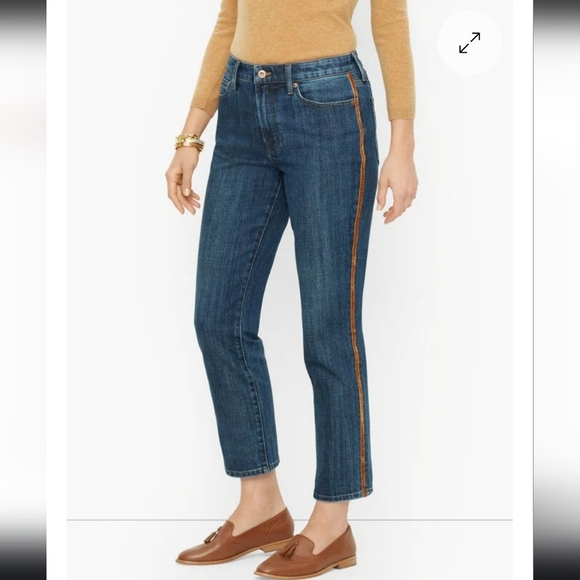 Talbots Modern Ankle Jeans Side Velvet Brown Trim High Waist Summer - Picture 1 of 15